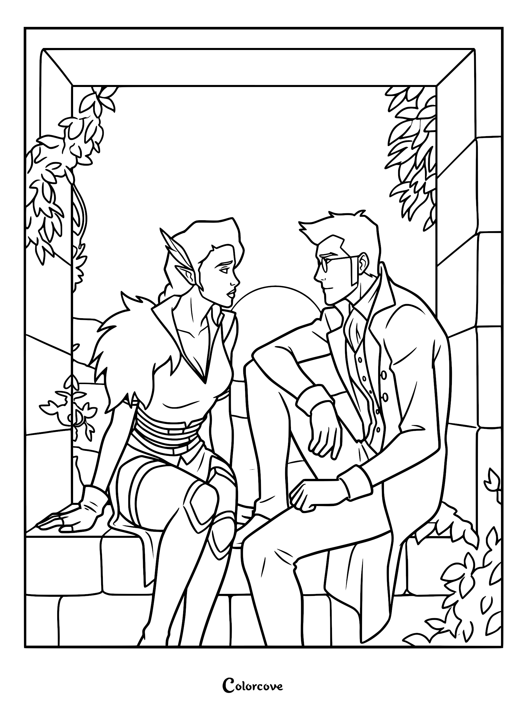 A printable coloring page featuring Vex'ahlia and Percival de Rolo from The Legend of Vox Machina, captured during an intimate moment in the third season, sitting together in a stone archway.