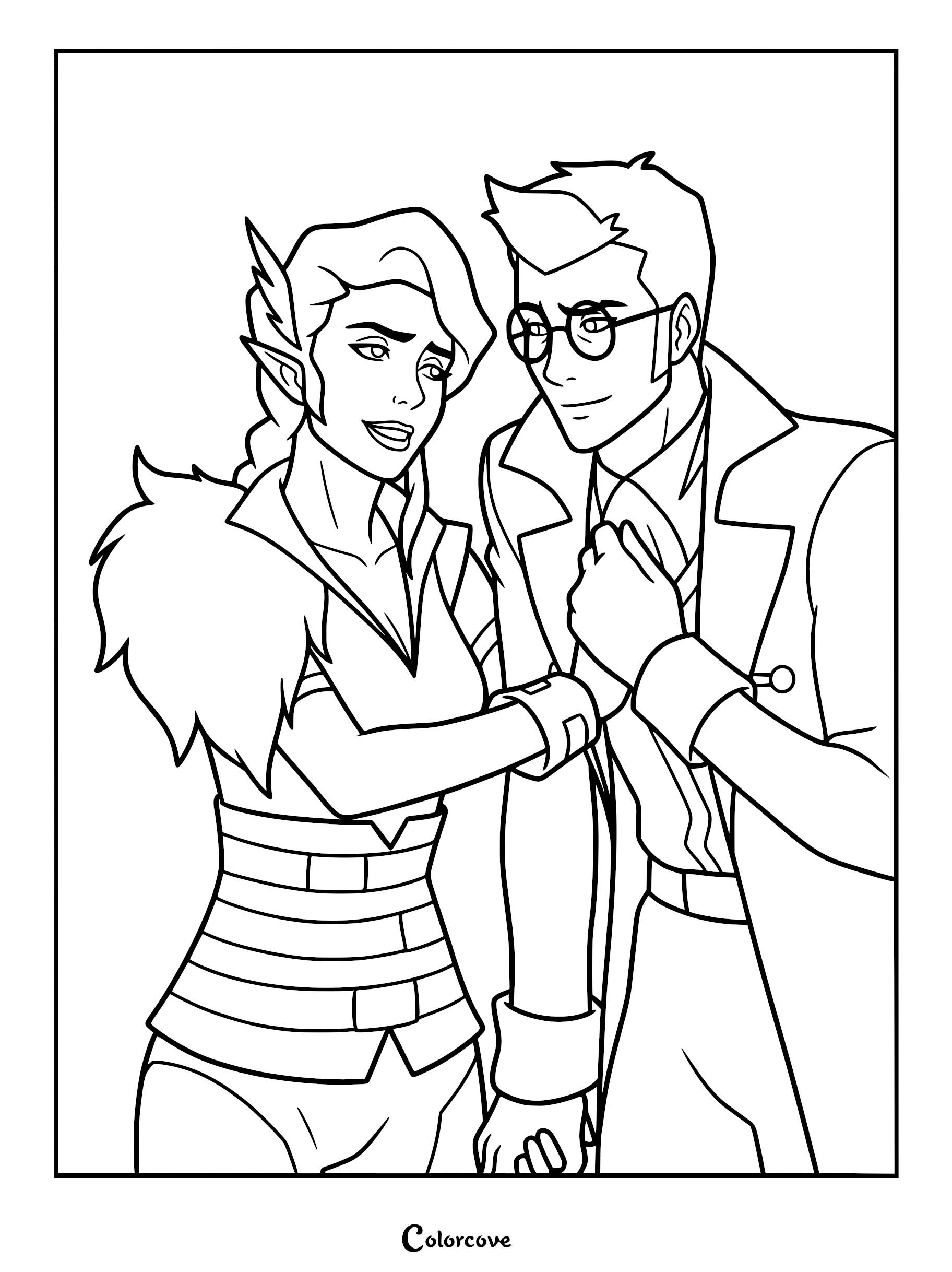 A line art coloring page featuring Vex'ahlia adjusting the collar of Percival de Rolo's coat, with Vex'ahlia wearing her signature fur-trimmed outfit and Percy in his noble attire with round spectacles.