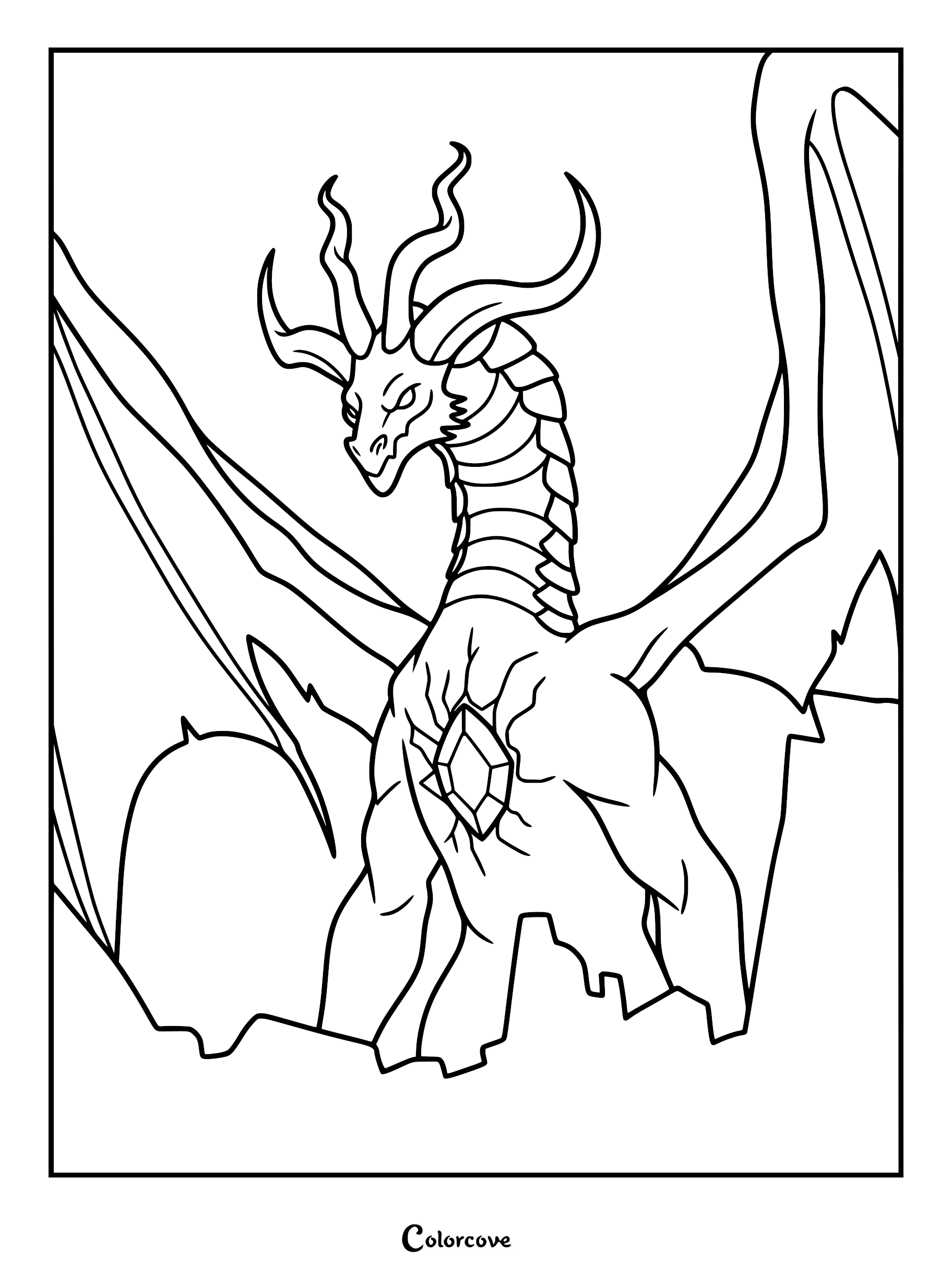 A detailed line art coloring page of Thordak the Cinder King from The Legend of Vox Machina, featuring his massive wings, curved horns, and the glowing crystal embedded in his chest.