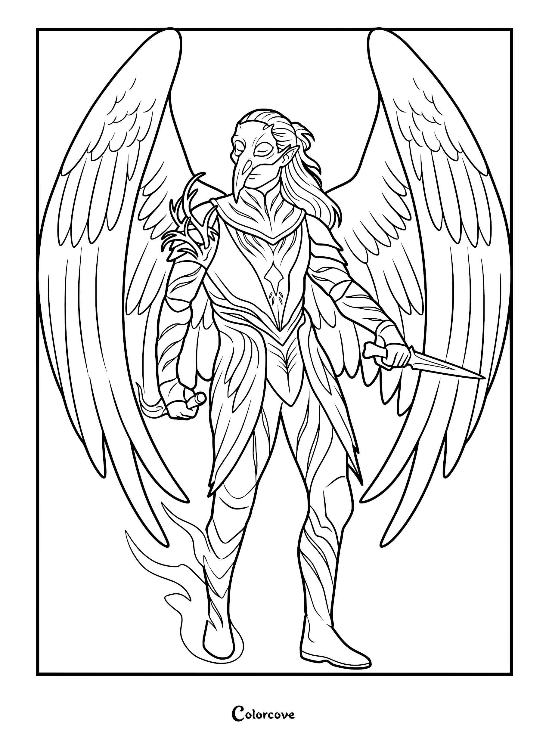 Vax'ildan from The Legend of Vox Machina wearing his Raven Queen armor and mask with large wings, holding daggers, presented as a detailed line art coloring page.