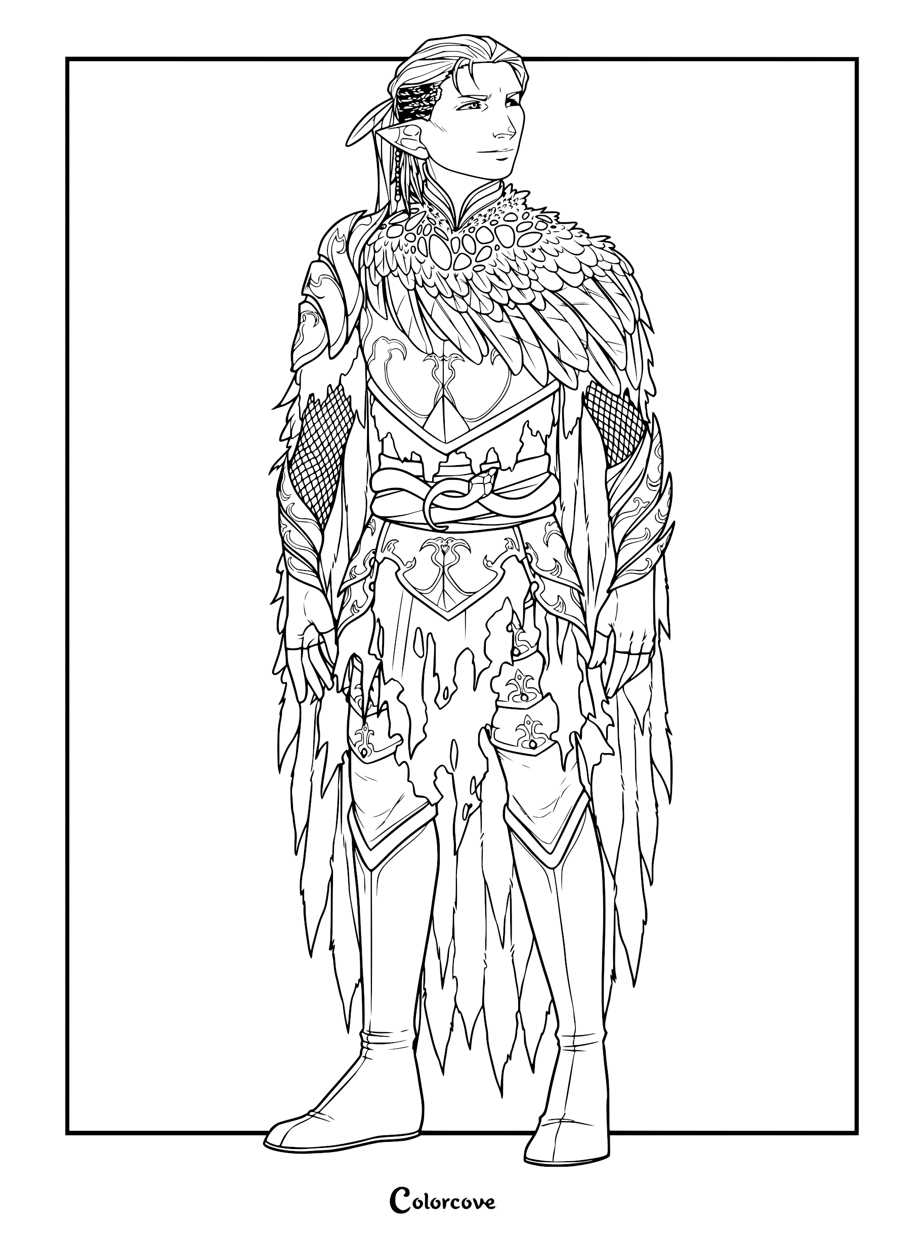 A detailed line art coloring page of Vax'ildan from The Legend of Vox Machina, wearing his signature feathered Deathwalker's Ward armor and cloak, standing in a heroic pose.