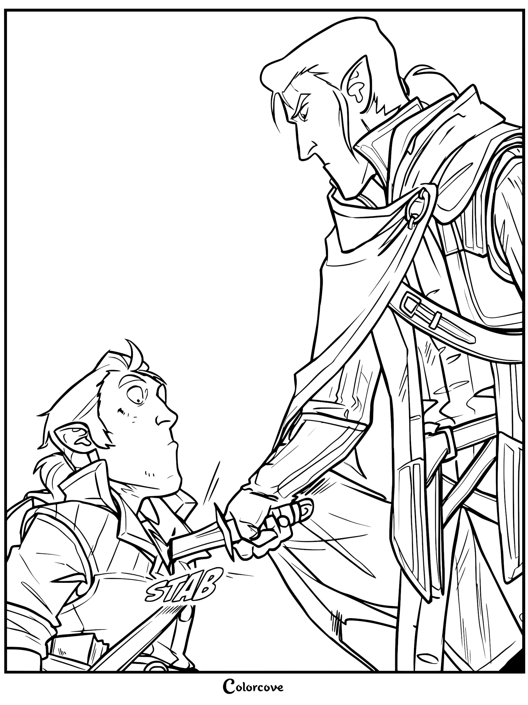 Line art coloring page featuring Vax'ildan the rogue standing over a shocked Scanlan Shorthalt and stabbing him with a dagger.