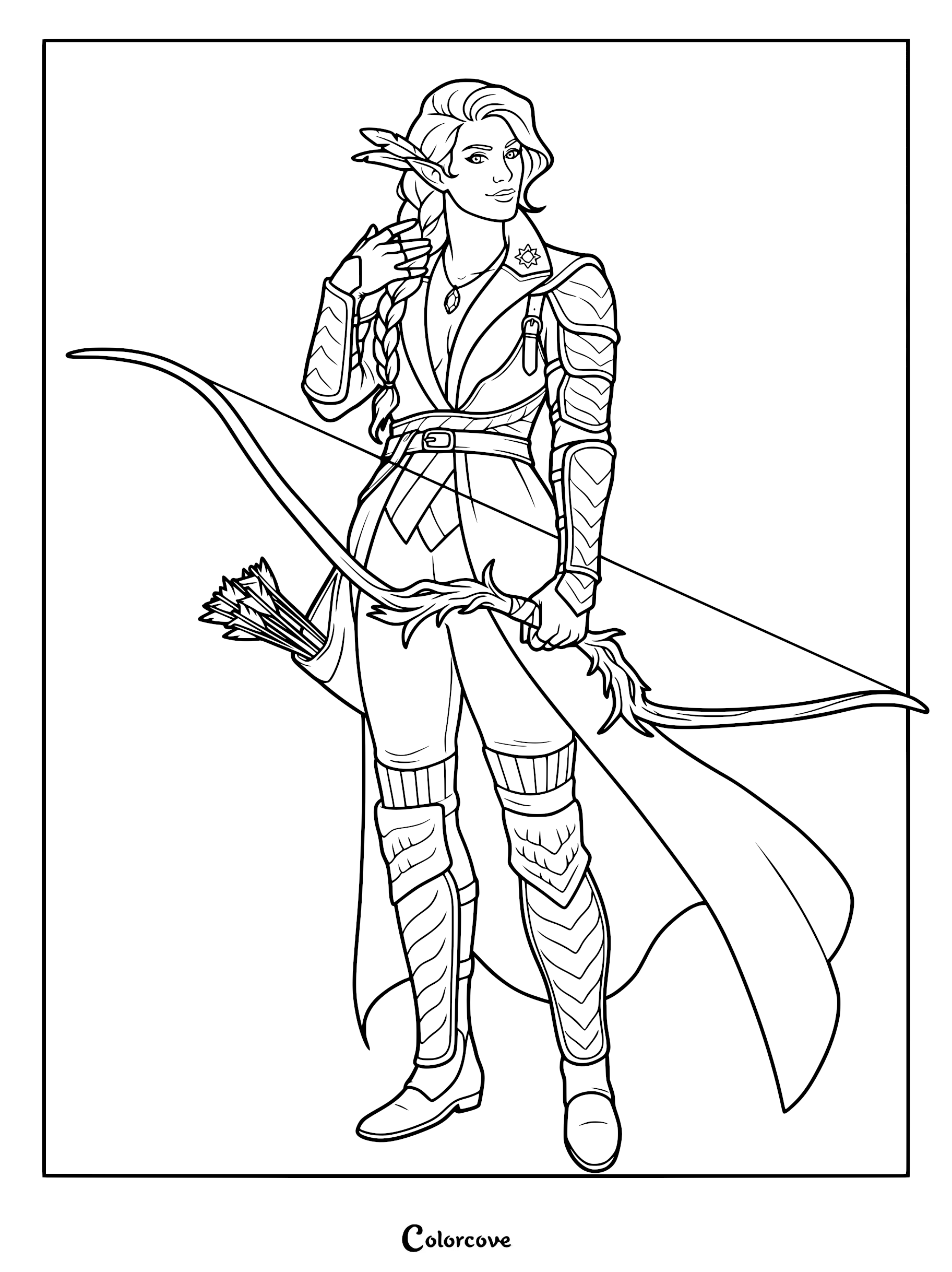 Vex'ahlia from The Legend of Vox Machina holding her bow and wearing detailed armor in this printable coloring page.