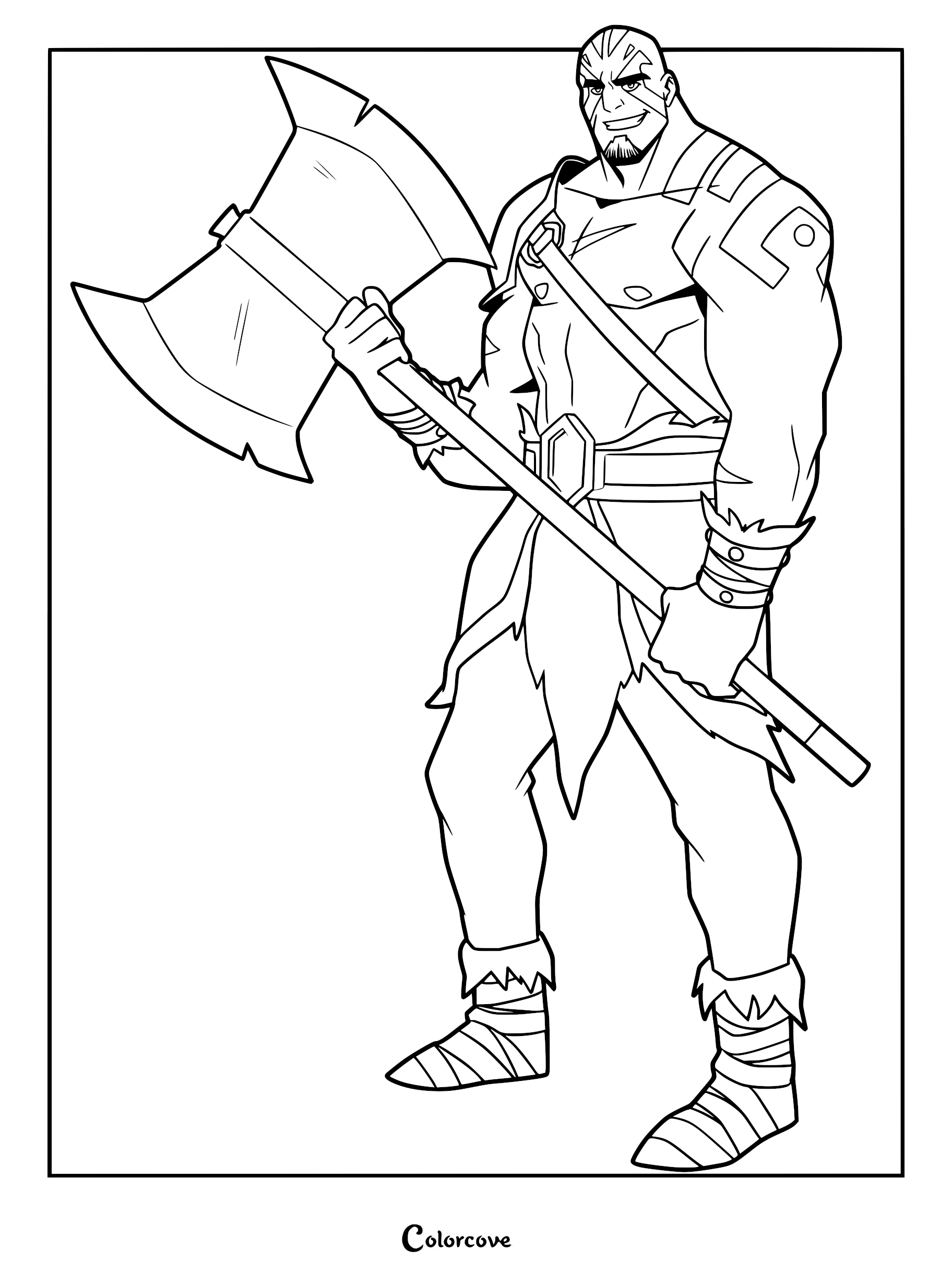 Grog Strongjaw from The Legend of Vox Machina holding his massive battle axe in a heroic stance, presented as a clean line art coloring page.