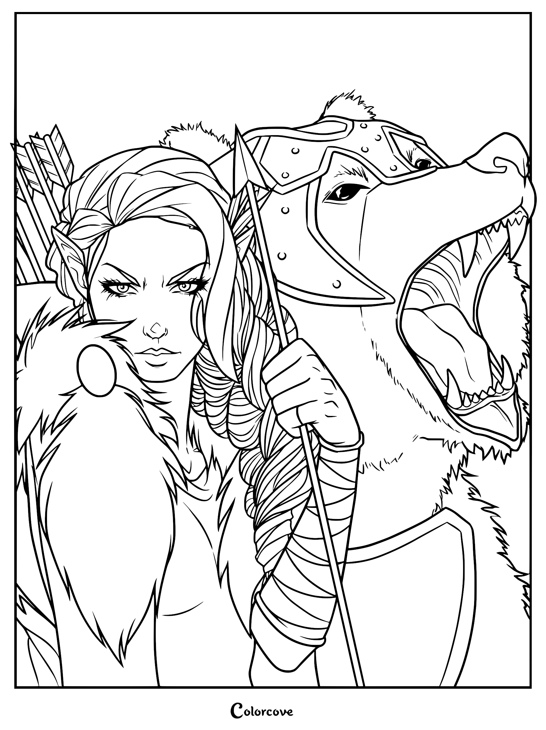 Vex'ahlia holding an arrow with her armored bear companion Trinket in this detailed Legend of Vox Machina coloring page.
