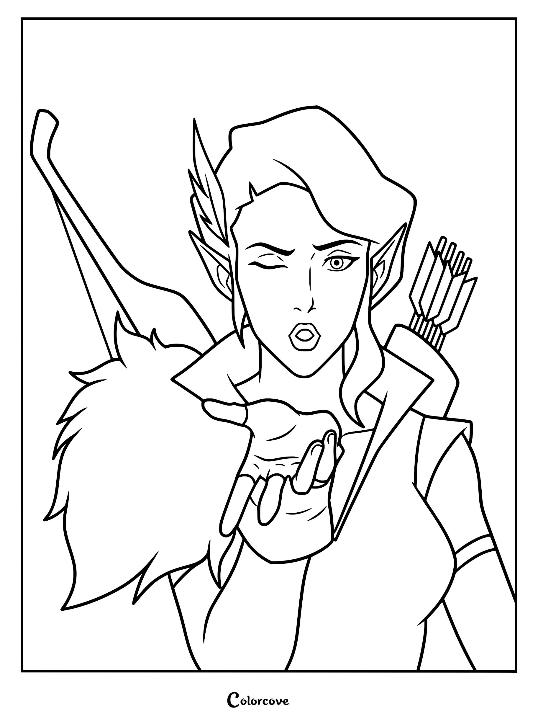 Vex'ahlia from The Legend of Vox Machina winking at the camera while wearing her ranger outfit in this printable coloring page.
