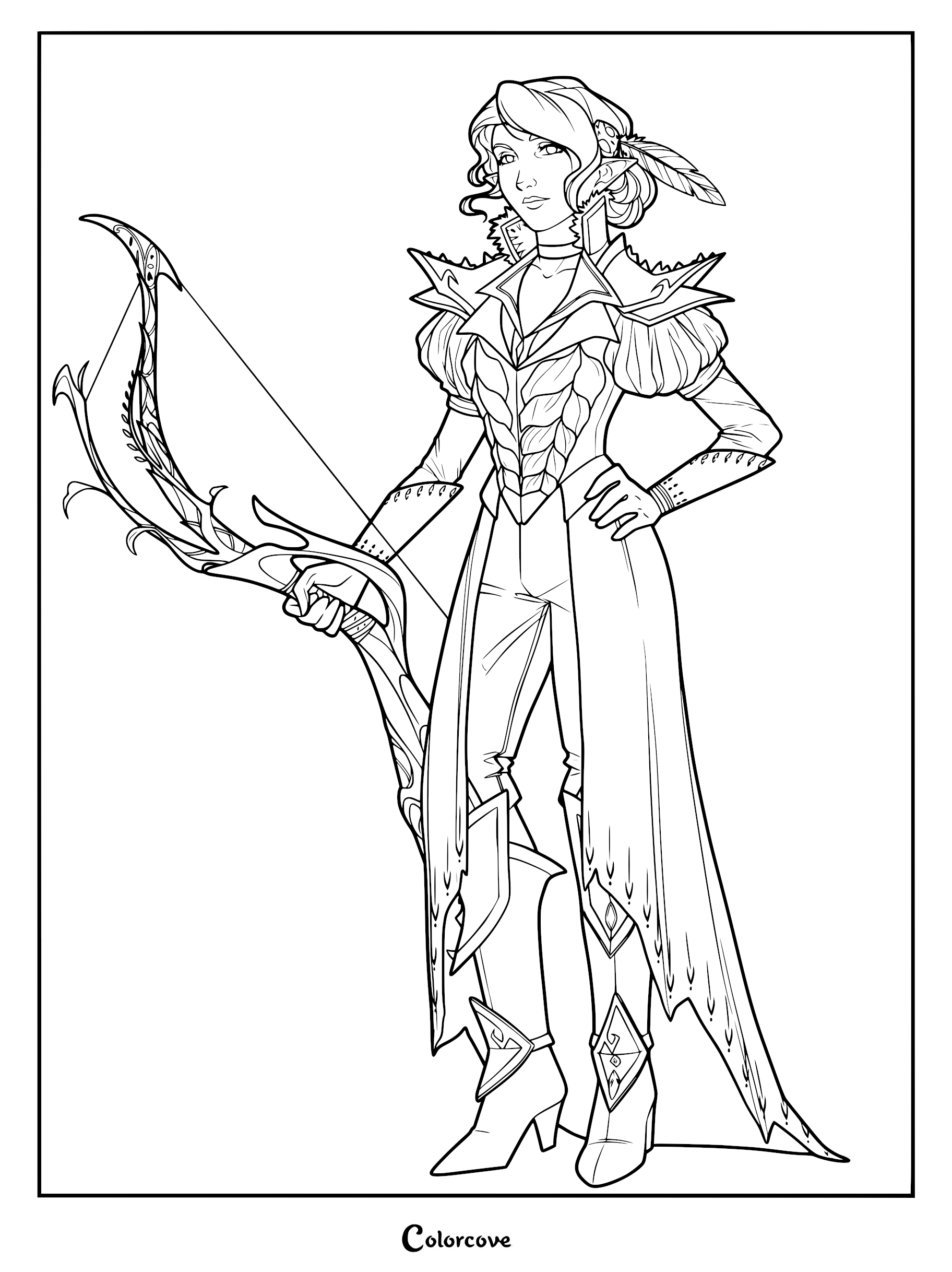 Vex'ahlia from The Legend of Vox Machina standing in a heroic pose holding her Fenthras bow, detailed line art coloring page.