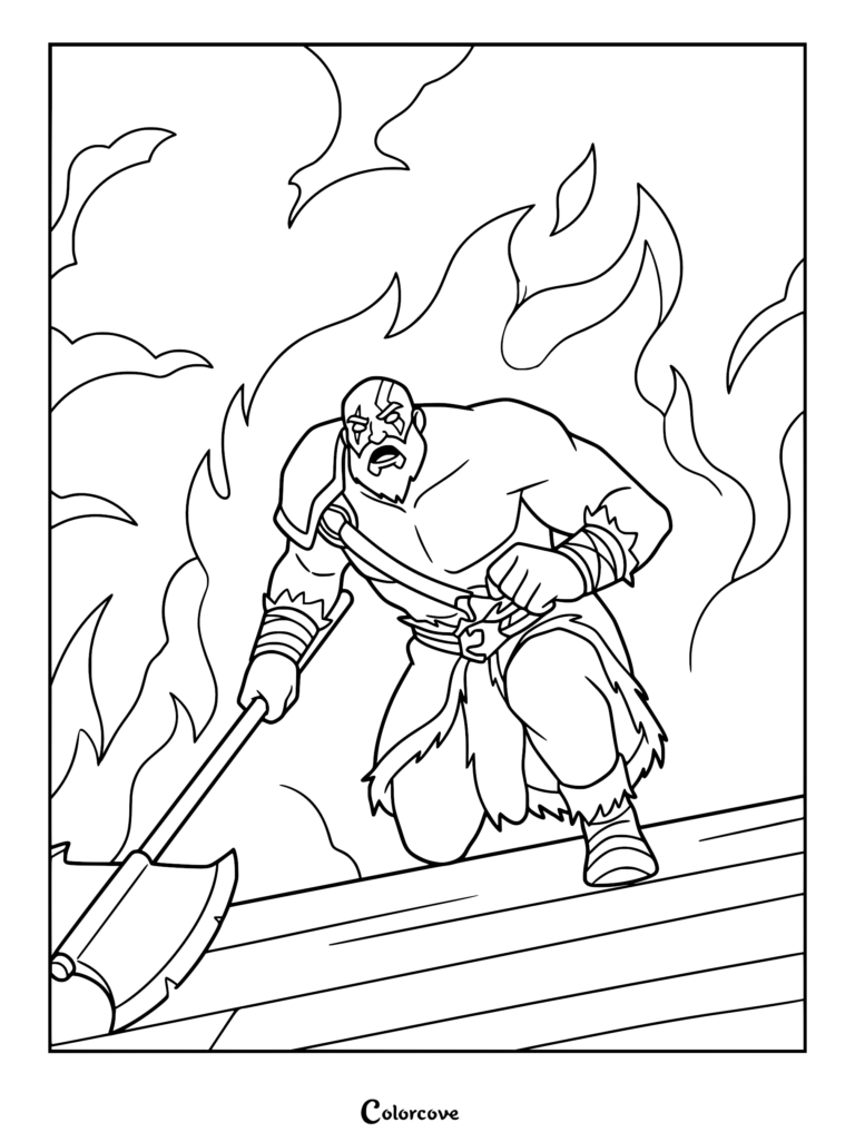 Grog Strongjaw in a fierce stance holding a large axe, preparing to confront his uncle Kevdak in a brutal fight to the death to reclaim his herd's honor, rendered as a detailed line art coloring page.