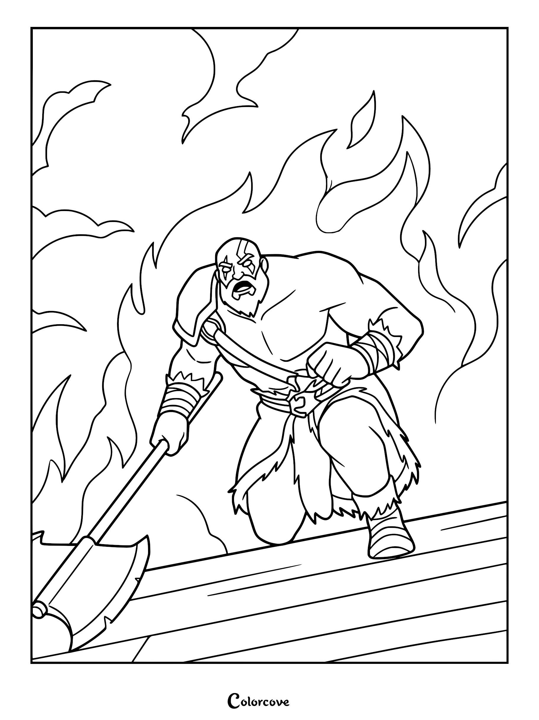 Grog Strongjaw in a fierce stance holding a large axe, preparing to confront his uncle Kevdak in a brutal fight to the death to reclaim his herd's honor, rendered as a detailed line art coloring page.