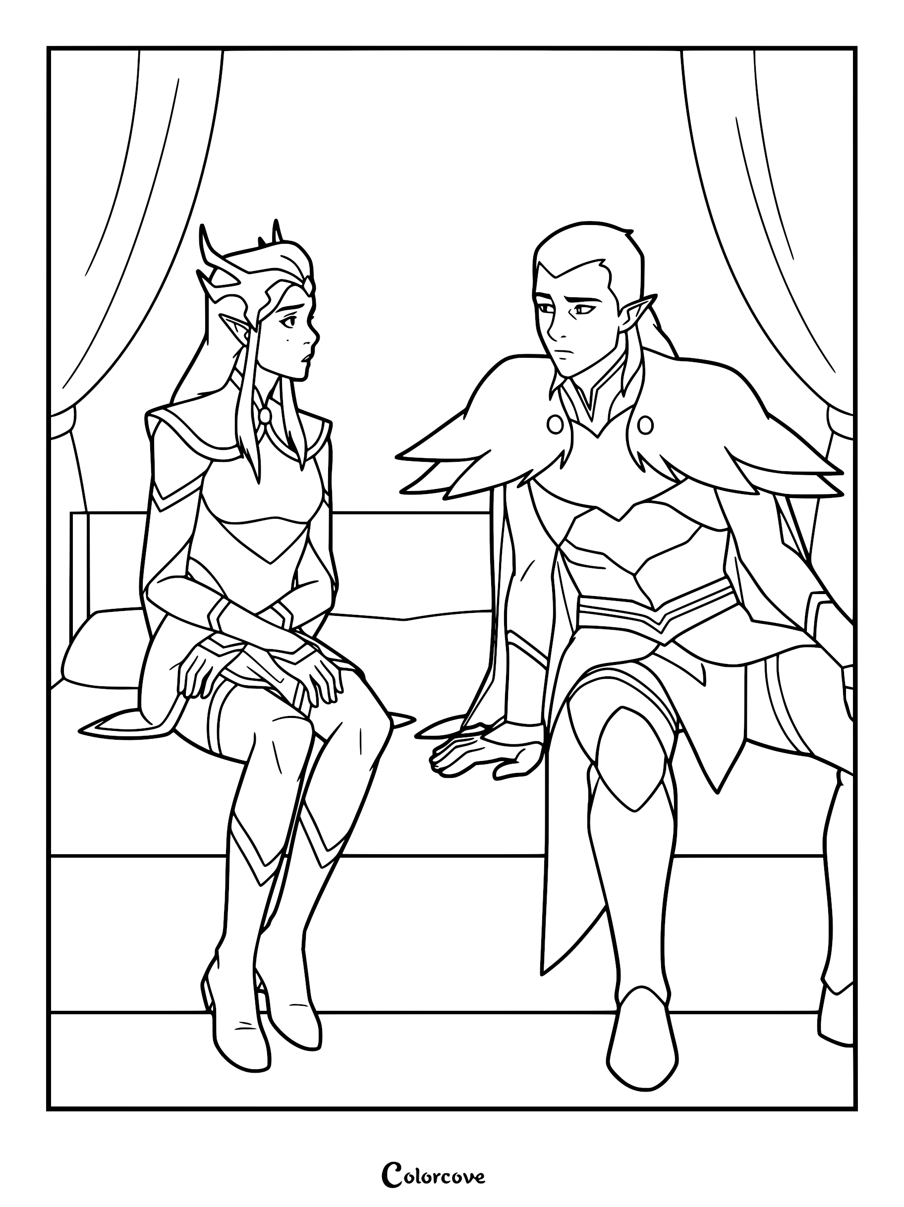 A line art coloring page featuring Keyleth and Vax'ildan from The Legend of Vox Machina sitting together during a serious conversation in Season 3, with Keyleth wearing her druid crown and Vax'ildan in his rogue armor.