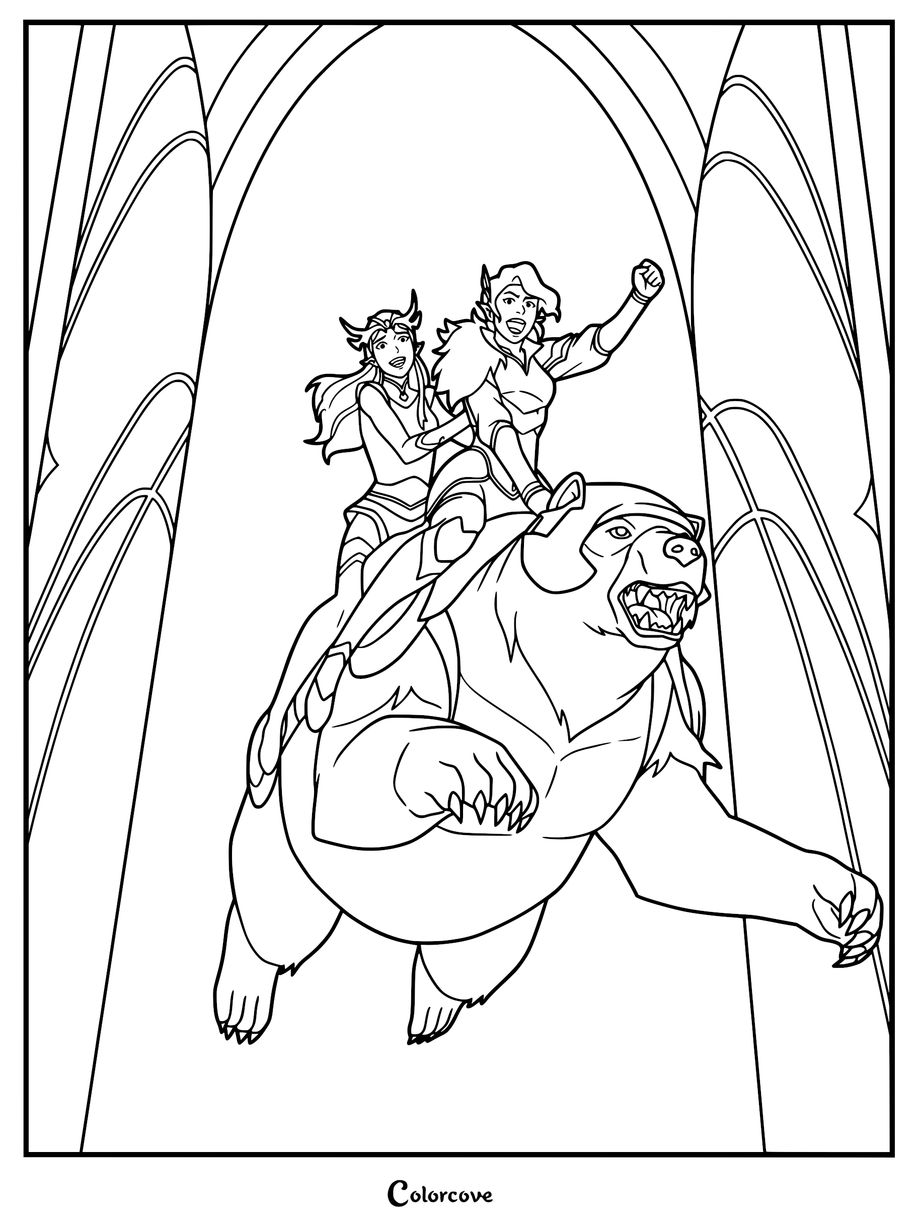 Keyleth and Vex from The Legend of Vox Machina riding their companion Trinket the bear, presented as a printable coloring page.