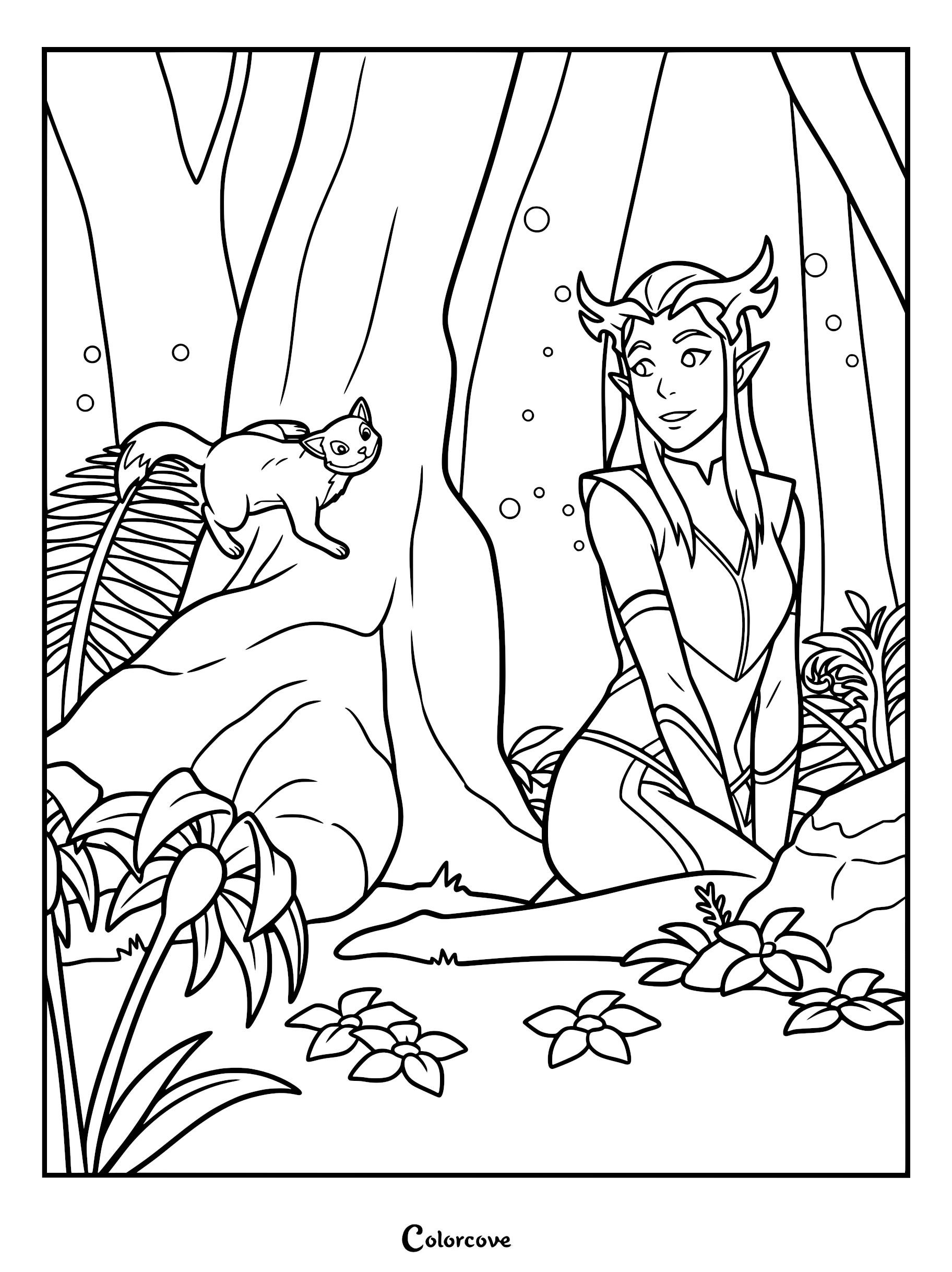 Keyleth from The Legend of Vox Machina wearing her green tunic while exploring the magical Fey Realm, presented as a detailed line art coloring page.