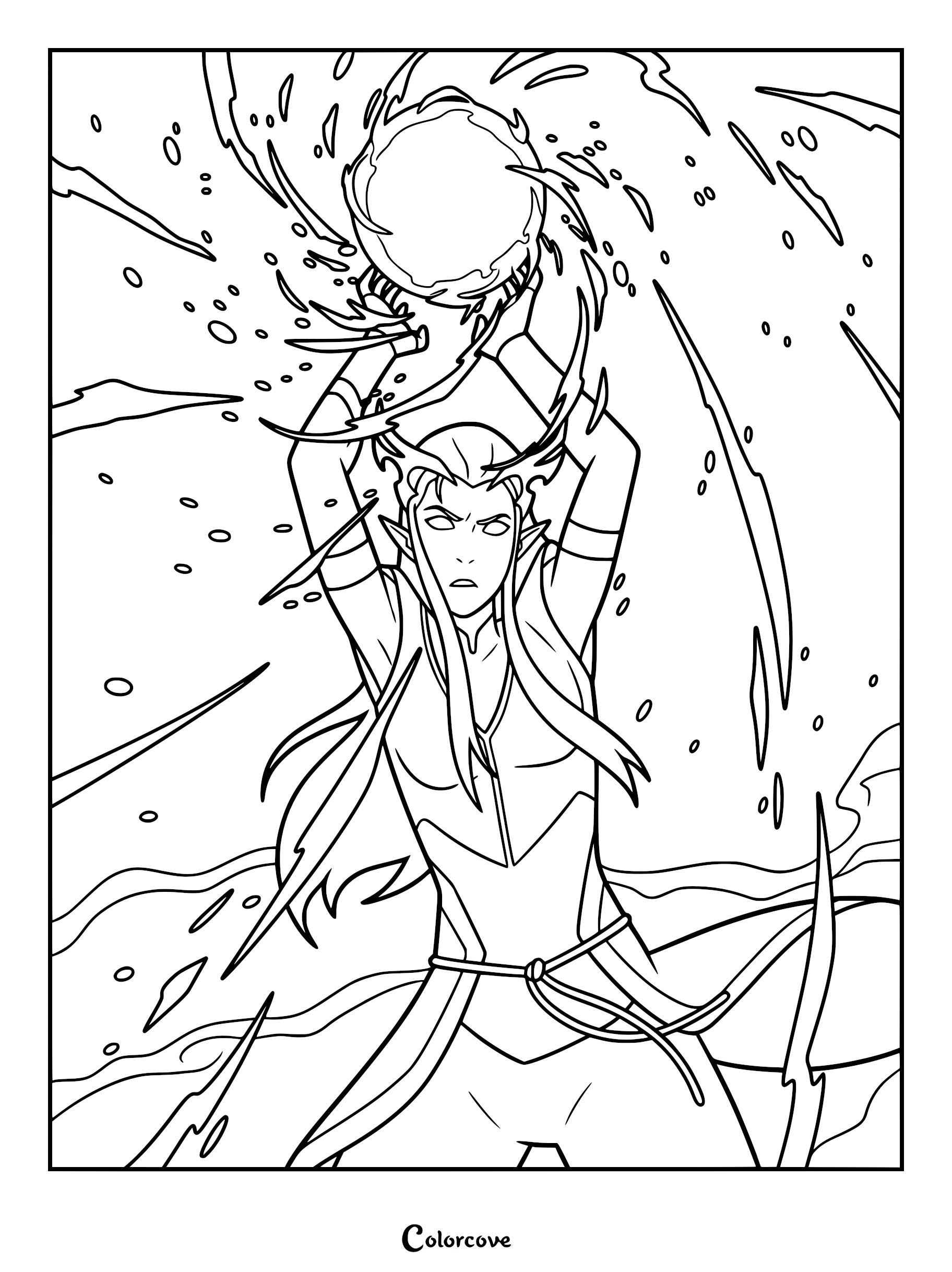Keyleth from The Legend of Vox Machina casting a powerful spell with glowing energy swirling around her hands in this detailed line art coloring page.