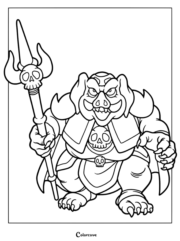 Coloriage de Ganon, l'antagoniste classique en forme de sanglier démon de The Legend of Zelda A Link to the Past, tenant un trident orné d'un crâne