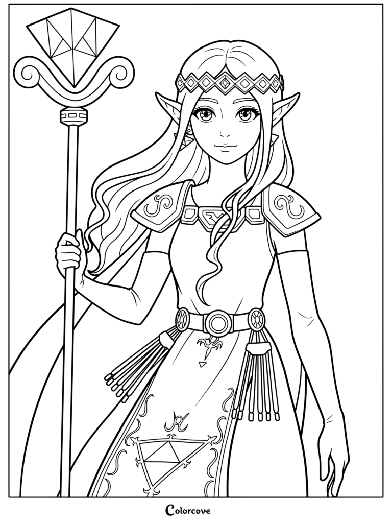 Coloriage de la Princesse Hilda tenant son bâton dans The Legend of Zelda A Link Between Worlds