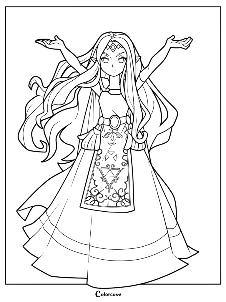 Coloriage de la Princesse Hilda de The Legend of Zelda A Link Between Worlds la montrant avec de longs cheveux et les mains tendues