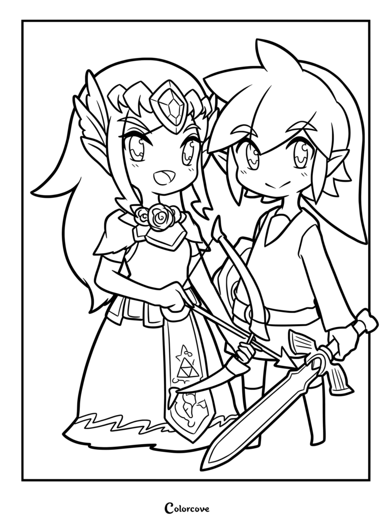 Page de coloriage fan art chibi de la Princesse Zelda et Link de The Legend of Zelda avec un arc et une épée