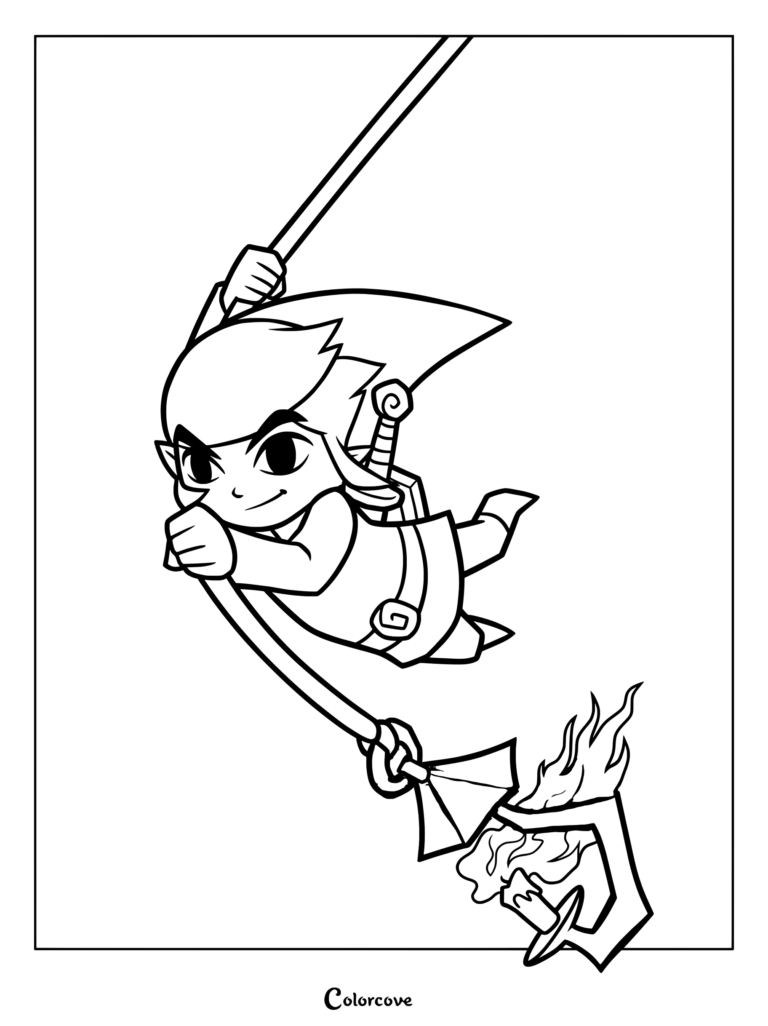 Coloriage de Toon Link se balançant au bout d'une corde attachée à une lampe suspendue allumée dans The Legend of Zelda The Wind Waker