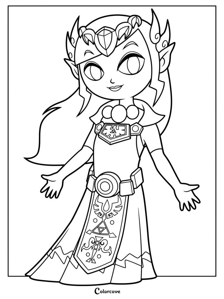 Page de coloriage gratuite à imprimer de la Princesse Zelda dans son style toon stylisé de The Legend of Zelda The Wind Waker