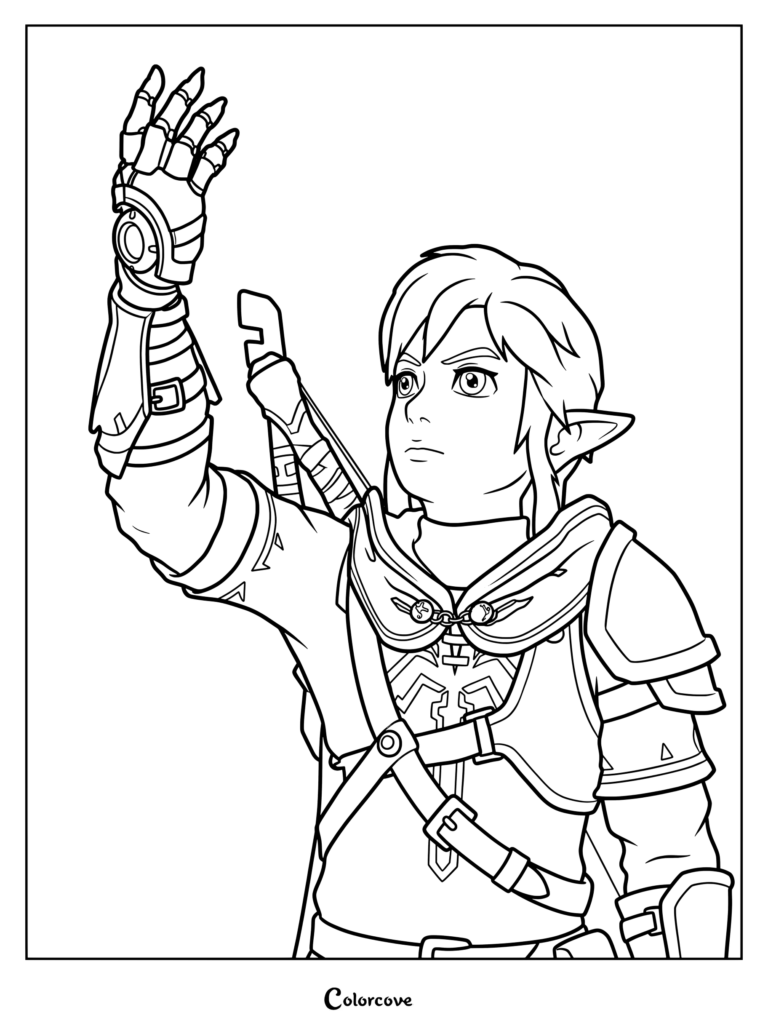 Page de coloriage à imprimer de Link de The Legend of Zelda Tears of the Kingdom levant son bras lumineux vers le ciel