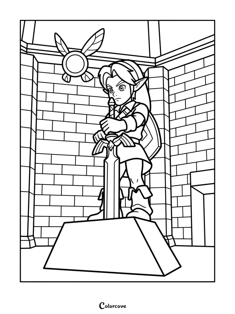 Coloriage de Link enfant retirant l'Épée de légende de son socle dans le Temple du Temps de The Legend of Zelda Ocarina of Time
