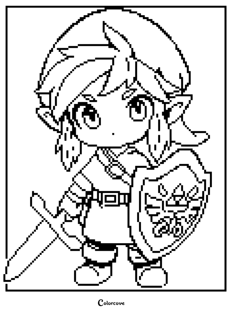 Page de coloriage en pixel art chibi de Link de The Legend of Zelda tenant une épée et un Bouclier Hylien