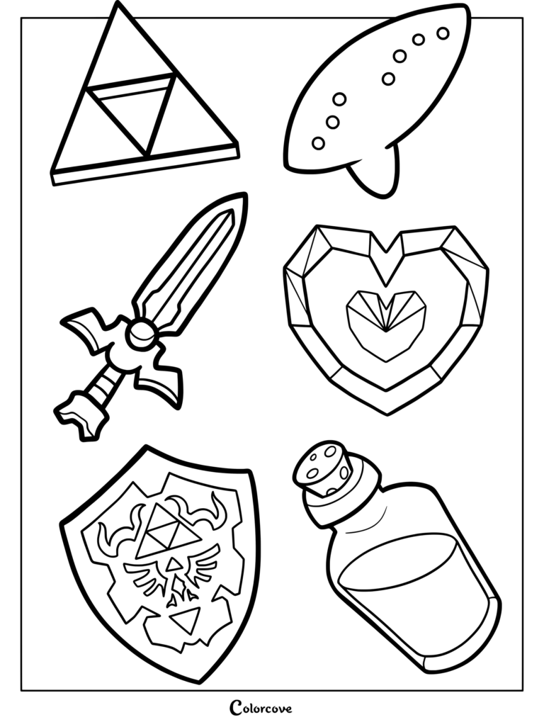 Coloriage The Legend of Zelda présentant de mignons autocollants et tatouages de la Triforce, de l'Ocarina du Temps, de l'Épée de légende, d'un Réceptacle de cœur, du Bouclier Hylien et d'une potion rouge.