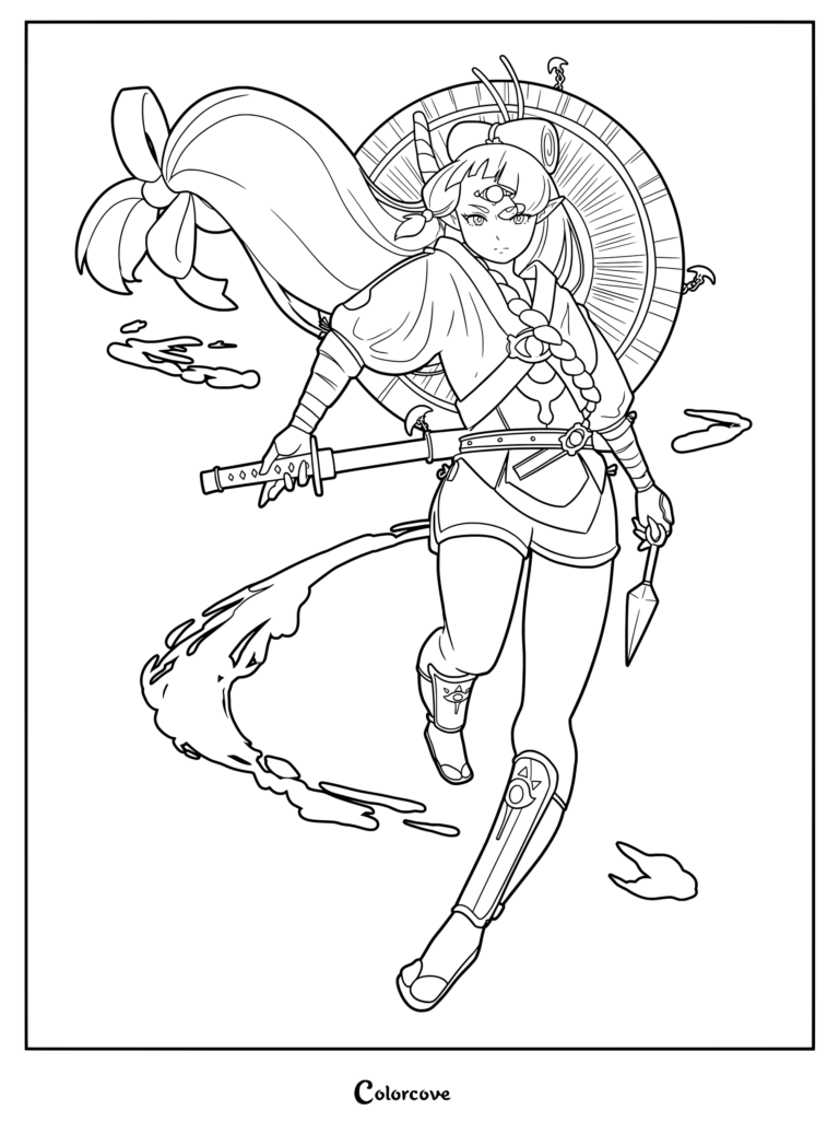 Coloriage dynamique de la jeune Impa maniant une épée et un kunai dans Hyrule Warriors L'Ère du Fléau de The Legend of Zelda