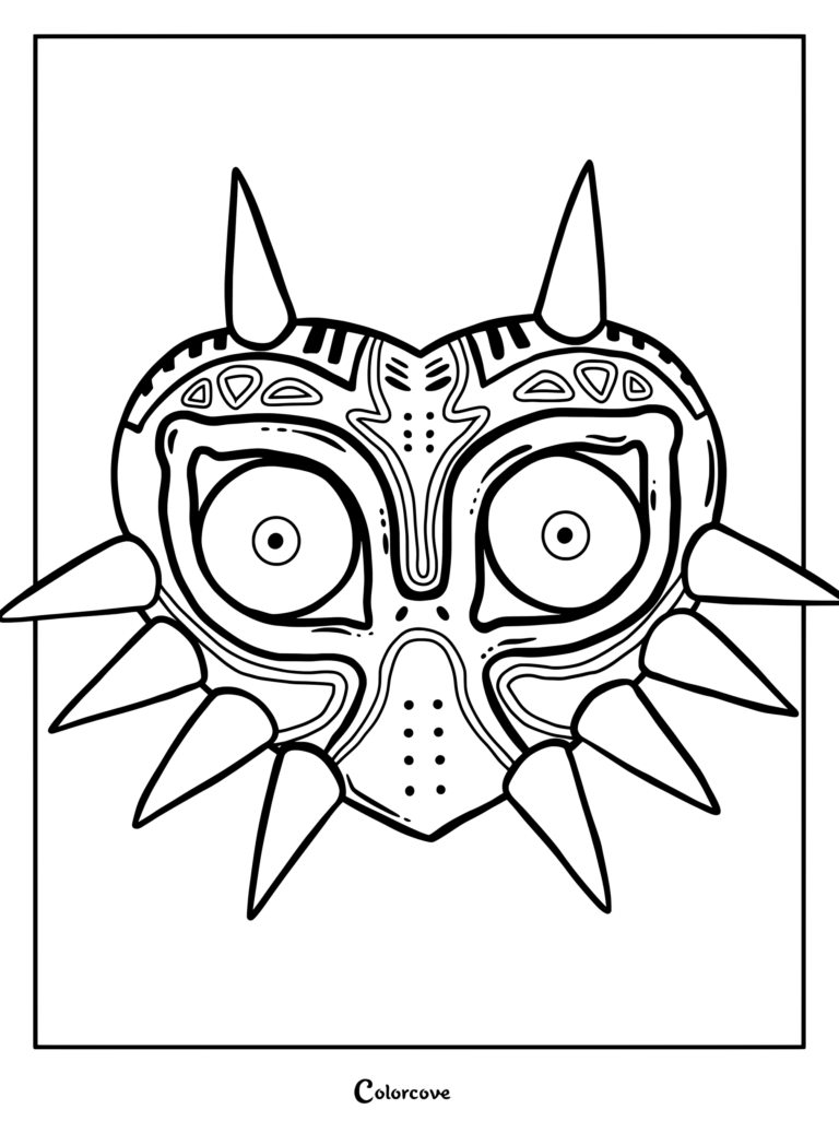 Coloriage du Masque de Majora de The Legend of Zelda avec son design emblématique en forme de cœur entouré de piques