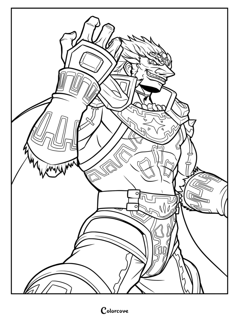 Coloriage à imprimer de Ganondorf de The Legend of Zelda, inspiré d'Ocarina of Time et Super Smash Bros avec ses cheveux rouges emblématiques et son armure sombre