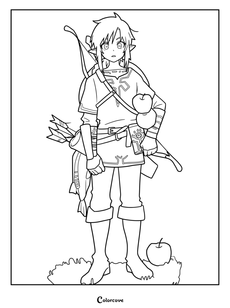 Coloriage de Link dans The Legend of Zelda Breath of the Wild, vêtu de sa Tunique du Prodige bleue et tenant des pommes rouges ainsi qu'un poisson