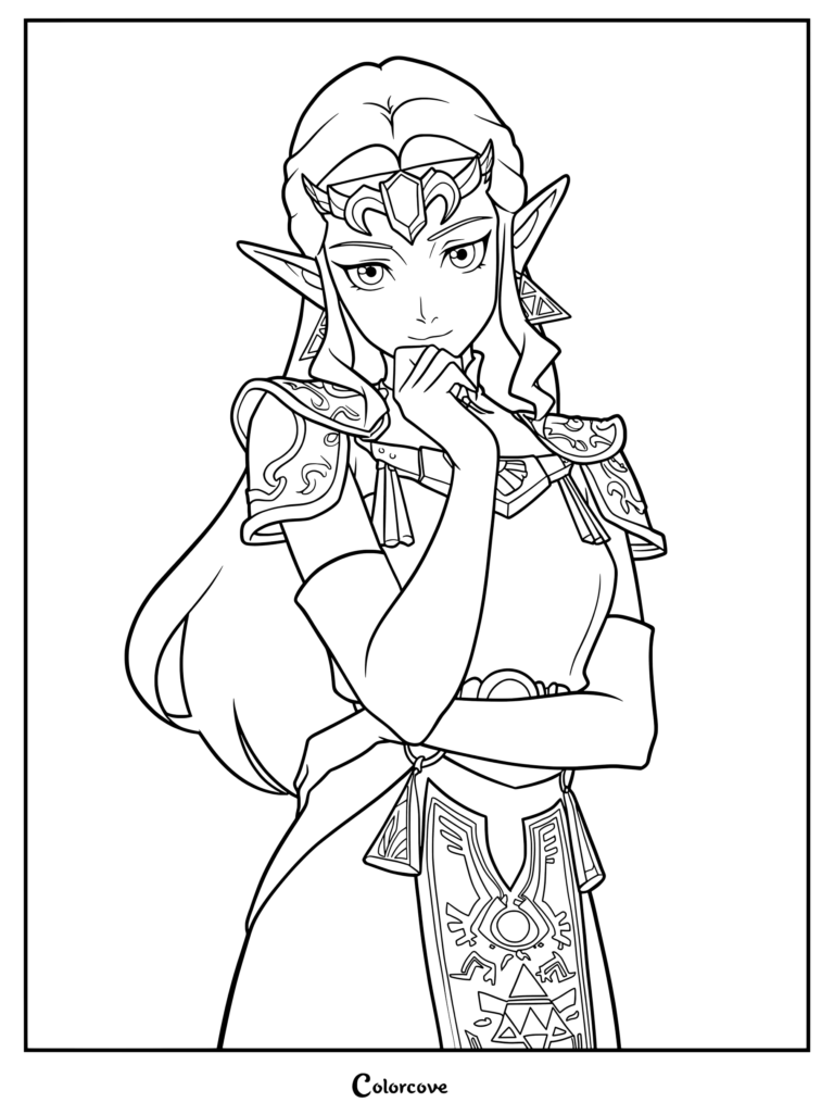 Page de coloriage de la Princesse Zelda de Ocarina of Time arborant une tenue royale détaillée