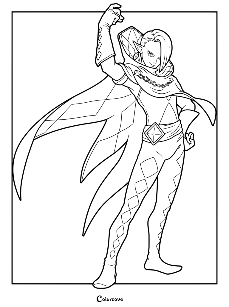 Coloriage de Ghirahim de The Legend of Zelda Skyward Sword prenant une pose théâtrale dans sa tenue blanche à losanges avec une cape rouge