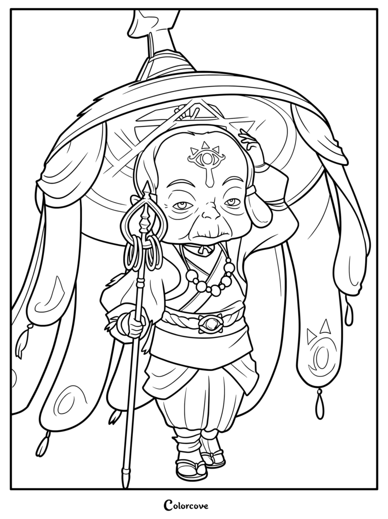 Coloriage à imprimer d'Impa, la femme Sheikah âgée, tenant son bâton et debout sous un grand parapluie dans The Legend of Zelda