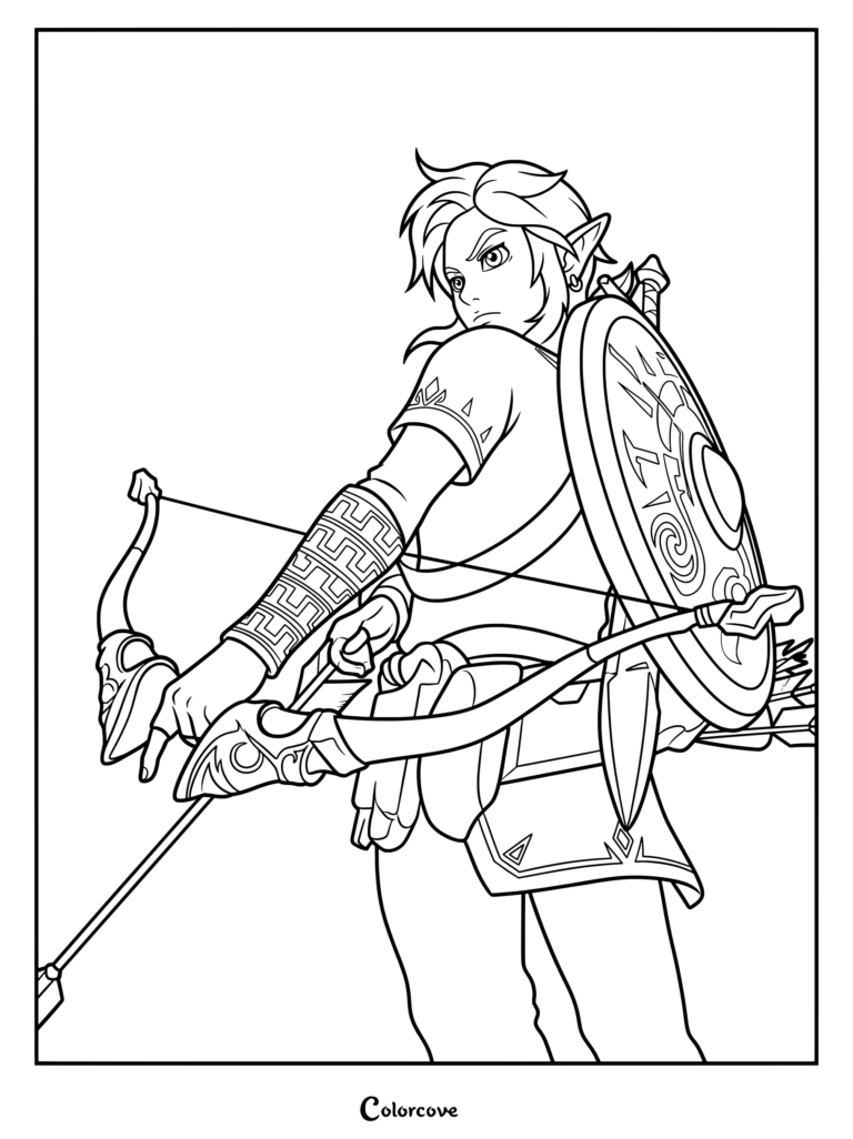 Page de coloriage à imprimer de Link tenant un arc et une flèche du jeu vidéo The Legend of Zelda Breath of the Wild