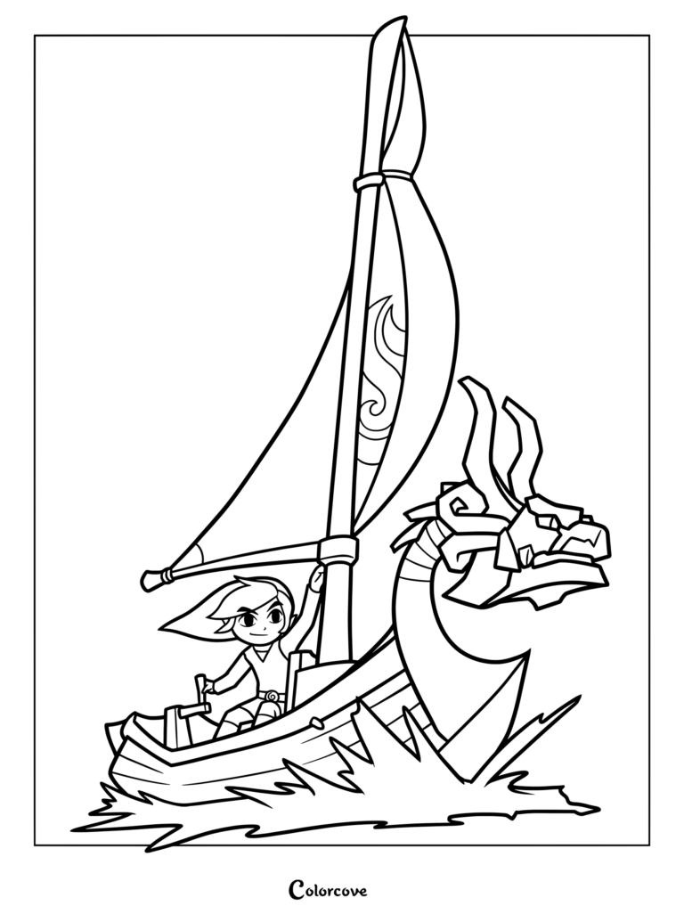 Coloriage de Link naviguant sur le Lion Rouge dans The Legend of Zelda The Wind Waker