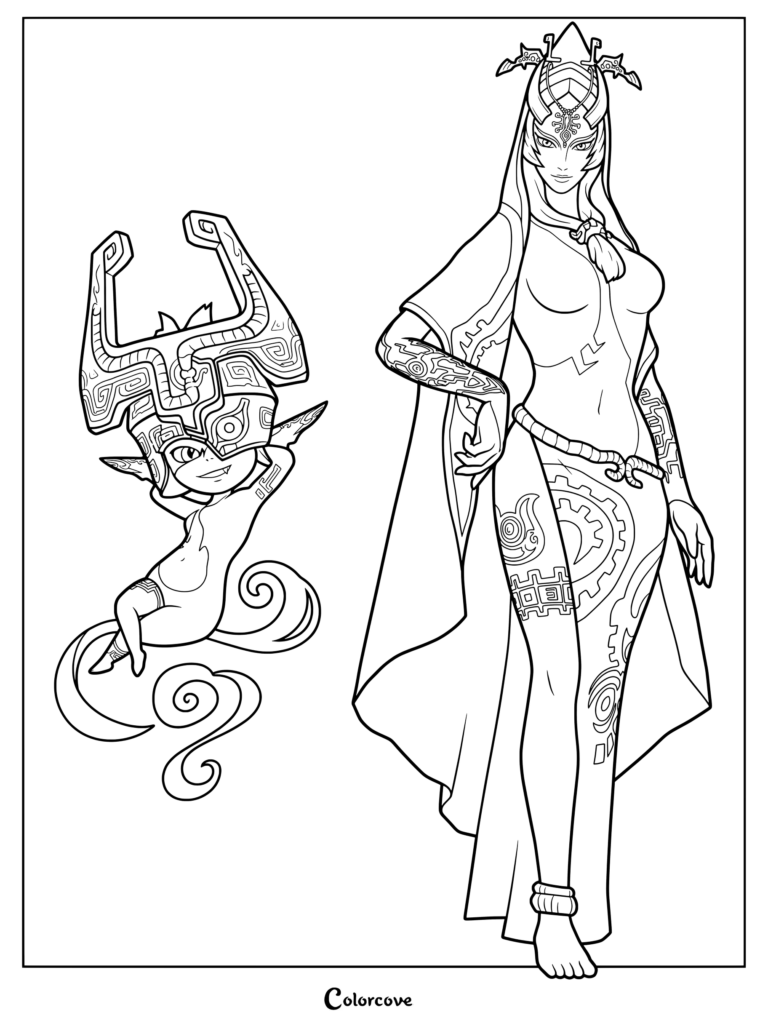 Coloriage à imprimer de Midna sous sa forme d'imp maudite et sous sa vraie forme Twili libérée du sort dans The Legend of Zelda Twilight Princess