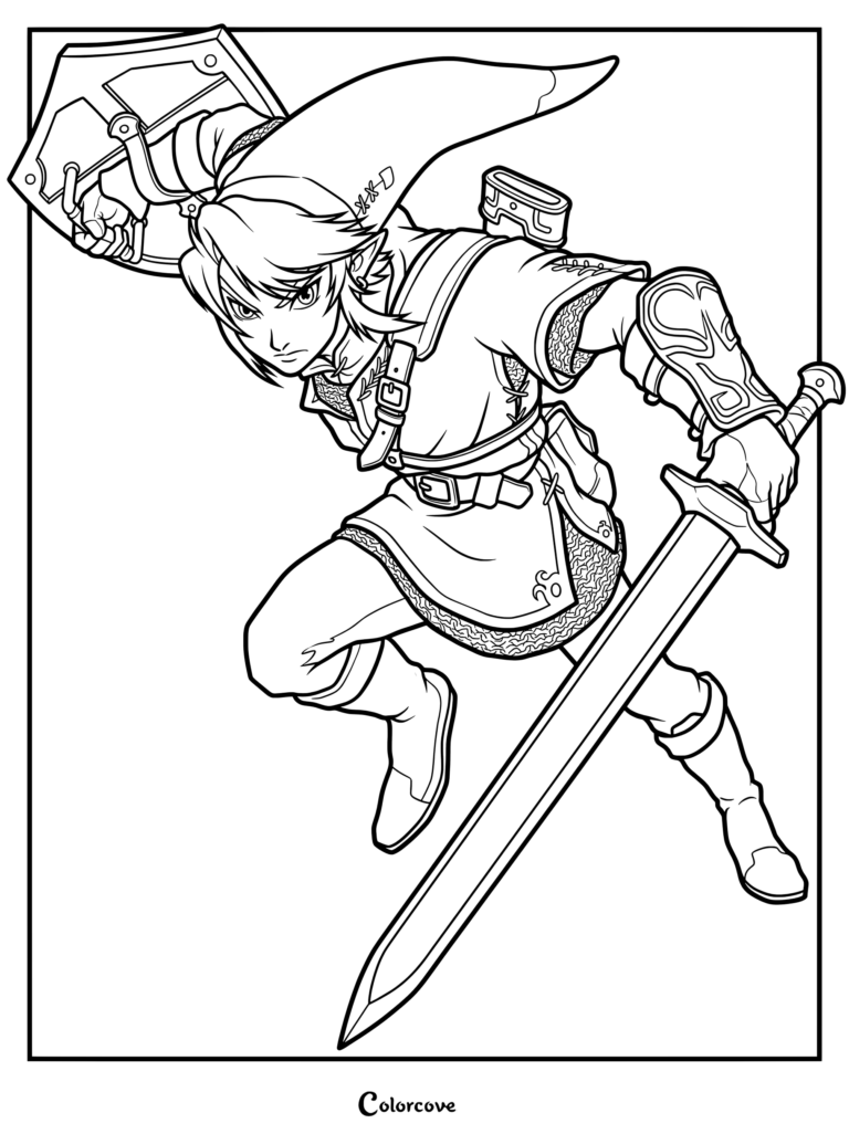 Page de coloriage vectorielle de Link dans une pose d'action dynamique tenant une épée et un bouclier, issue de Twilight Princess