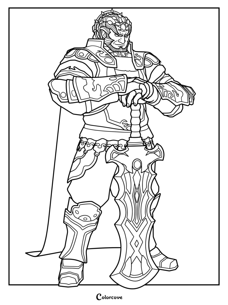Coloriage The Legend of Zelda représentant Ganondorf de Hyrule Warriors en lourde armure sombre avec sa grande épée.