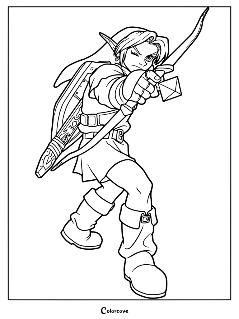 Link adulte armant un arc des fées dans cette page de coloriage The Legend of Zelda
