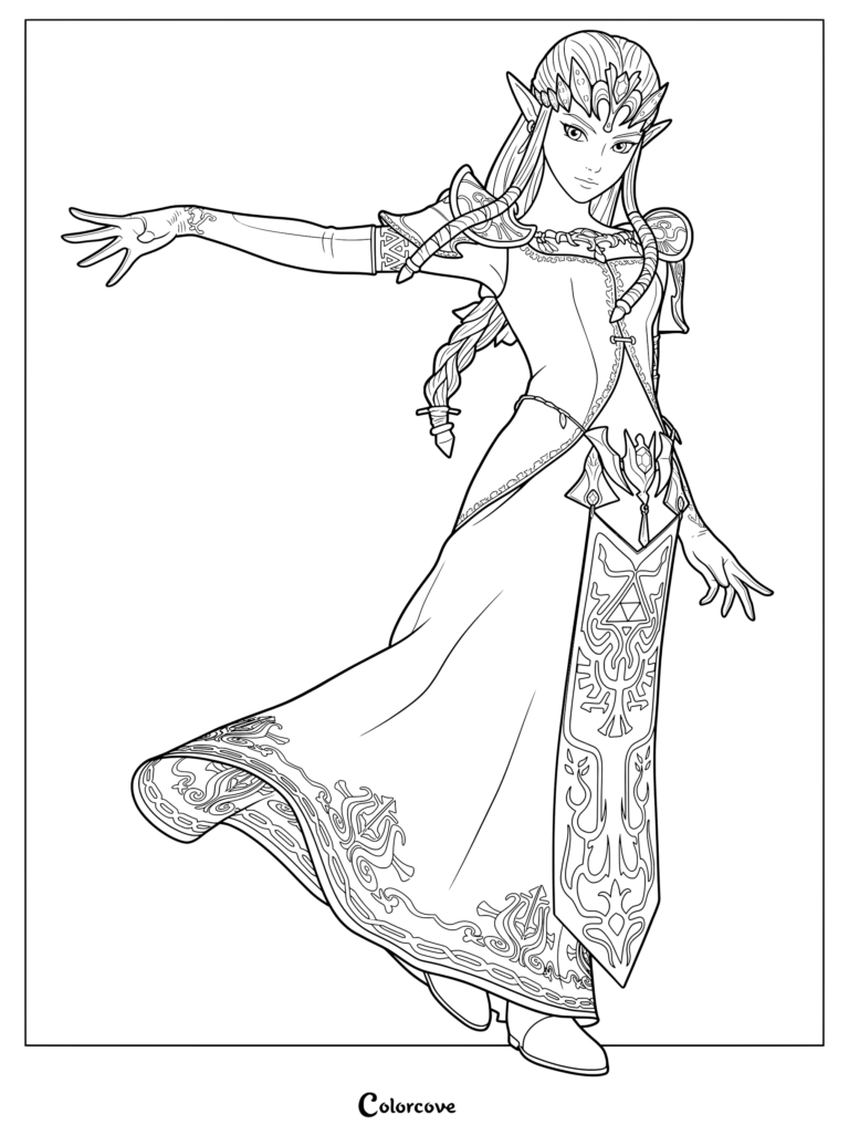 Page de coloriage à imprimer de la Princesse Zelda dans son style de Twilight Princess tel qu'il apparaît dans Super Smash Bros for Nintendo 3DS and Wii U