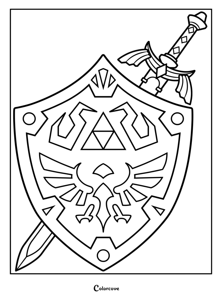 Coloriage à imprimer représentant le Bouclier Hylien et l'Épée de légende de la série The Legend of Zelda.