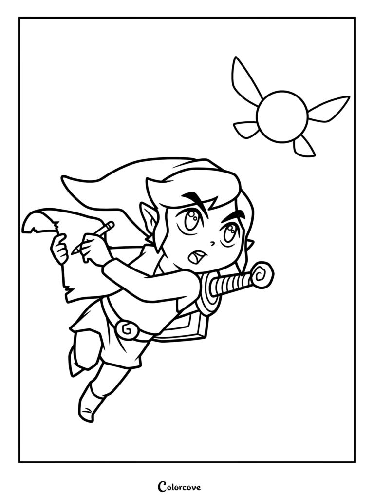 Coloriage de Toon Link tenant une carte et une plume aux côtés de la fée Ciela dans The Legend of Zelda Phantom Hourglass