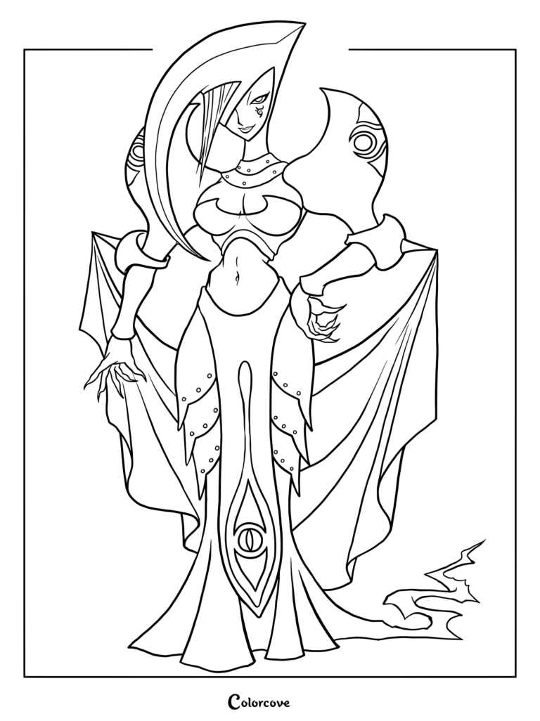 Coloriage à imprimer de Veran, la Sorcière des Ombres et antagoniste principale de The Legend of Zelda Oracle of Ages, avec sa coiffe à cornes distinctive et sa robe flottante.