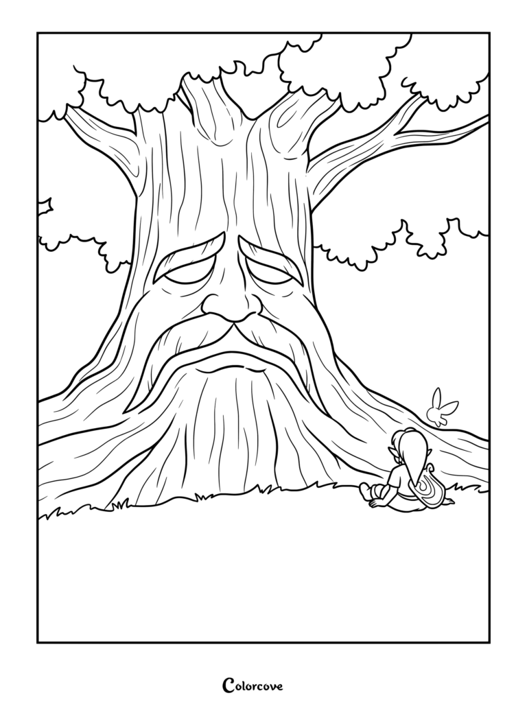 Page de coloriage de Link et Navi se reposant dans l'herbe devant le Vénérable Arbre Mojo de The Legend of Zelda Ocarina of Time