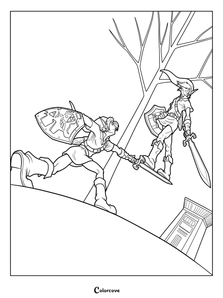 Coloriage à imprimer de Link combattant Link Ombre dans le Temple de l'Eau de The Legend of Zelda Ocarina of Time