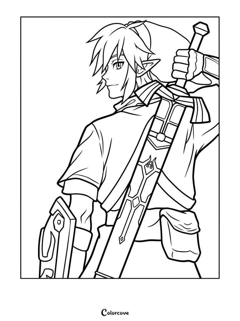 Page de coloriage de Link de The Legend of Zelda Skyward Sword tenant son épée