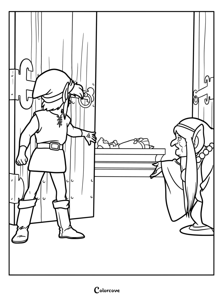 Page de coloriage de Link et Impa découvrant la Princesse Zelda endormie dans The Legend of Zelda II The Adventure of Link
