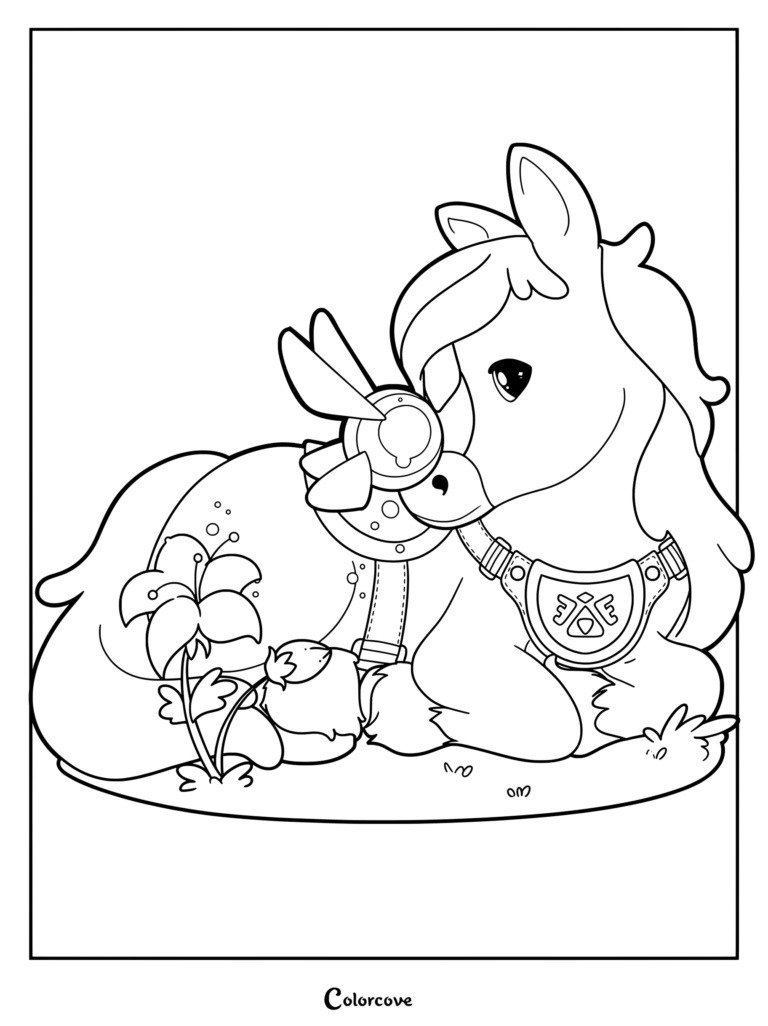 Coloriage fan art style chibi d'Epona interagissant avec Navi de The Legend of Zelda
