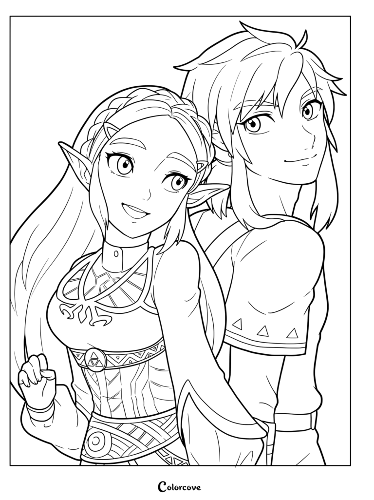 Page de coloriage à imprimer mettant en scène la Princesse Zelda et Link de The Legend of Zelda Breath of the Wild